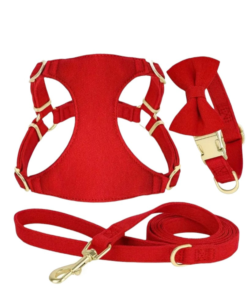 Cotton Dog Harness Lead and Bow Tie Red XS
