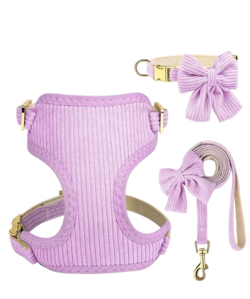 Soft Dog Harness, Lead, Collar & Bow Lilac M