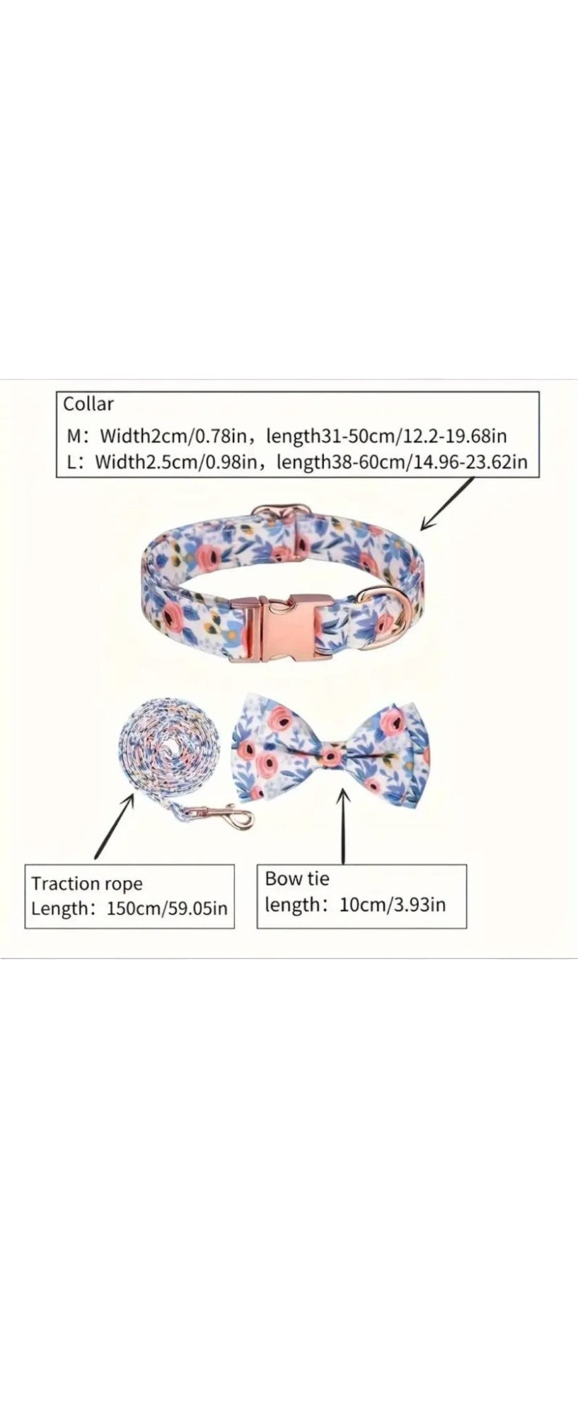 Dog Collar, Leash, Bow & Flower, Grey Flower Pattern S