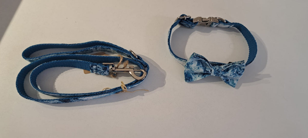 Ocean Blue Print Tie Dye Dog Collar and Lead Set with a Matching Bow Tie Accessories S