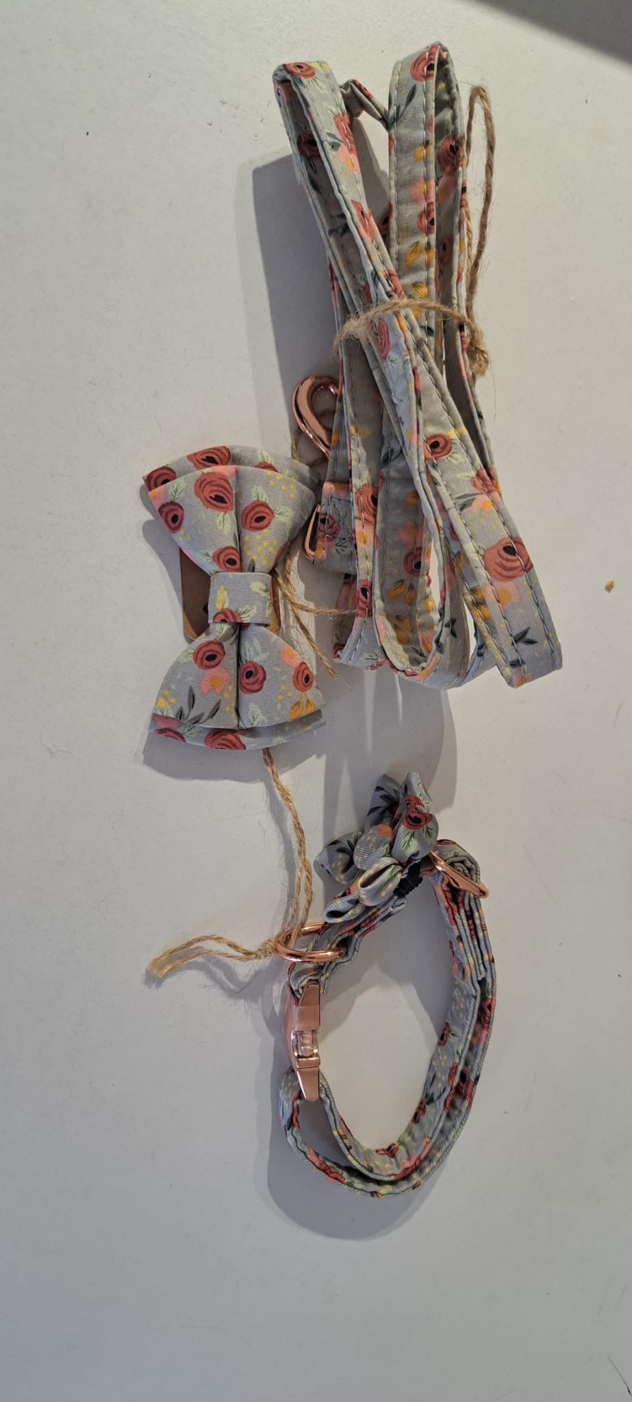 Grey Floral Dog Collar and Lead Set with Matching Bow Tie and Floral Accessories